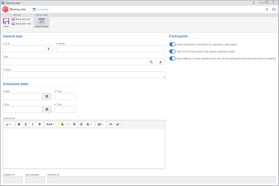 This image refers to a meeting without an object added to the "Scheduling" step. The displayed screen will be similar to meetings related to SE Suite objects and added to the "Execution" step.