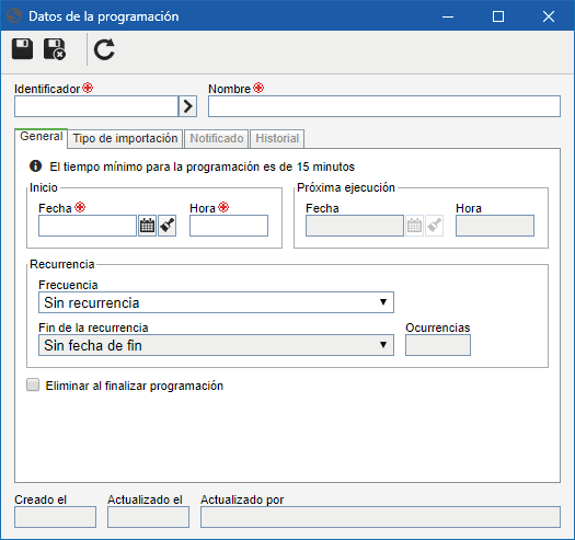 Esta pantalla es referente a la programación de una importación simple. La pantalla de programación de importación paralela es similar.