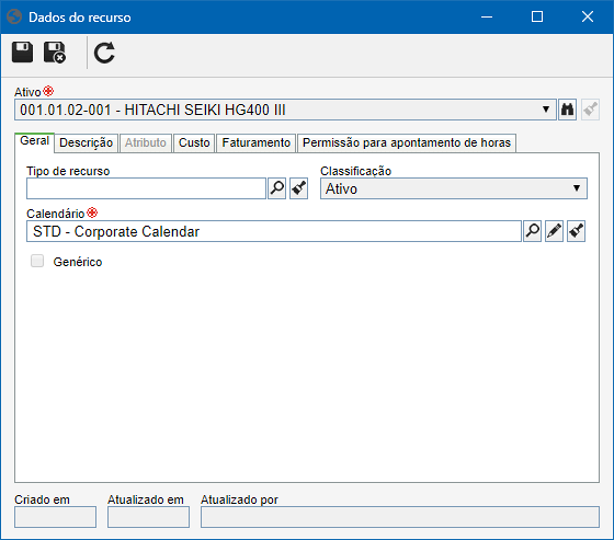 Esta imagem é referente a um ativo cadastrado como recurso. A tela de dados de um recurso genérico com classificação "Ativo" é similar.